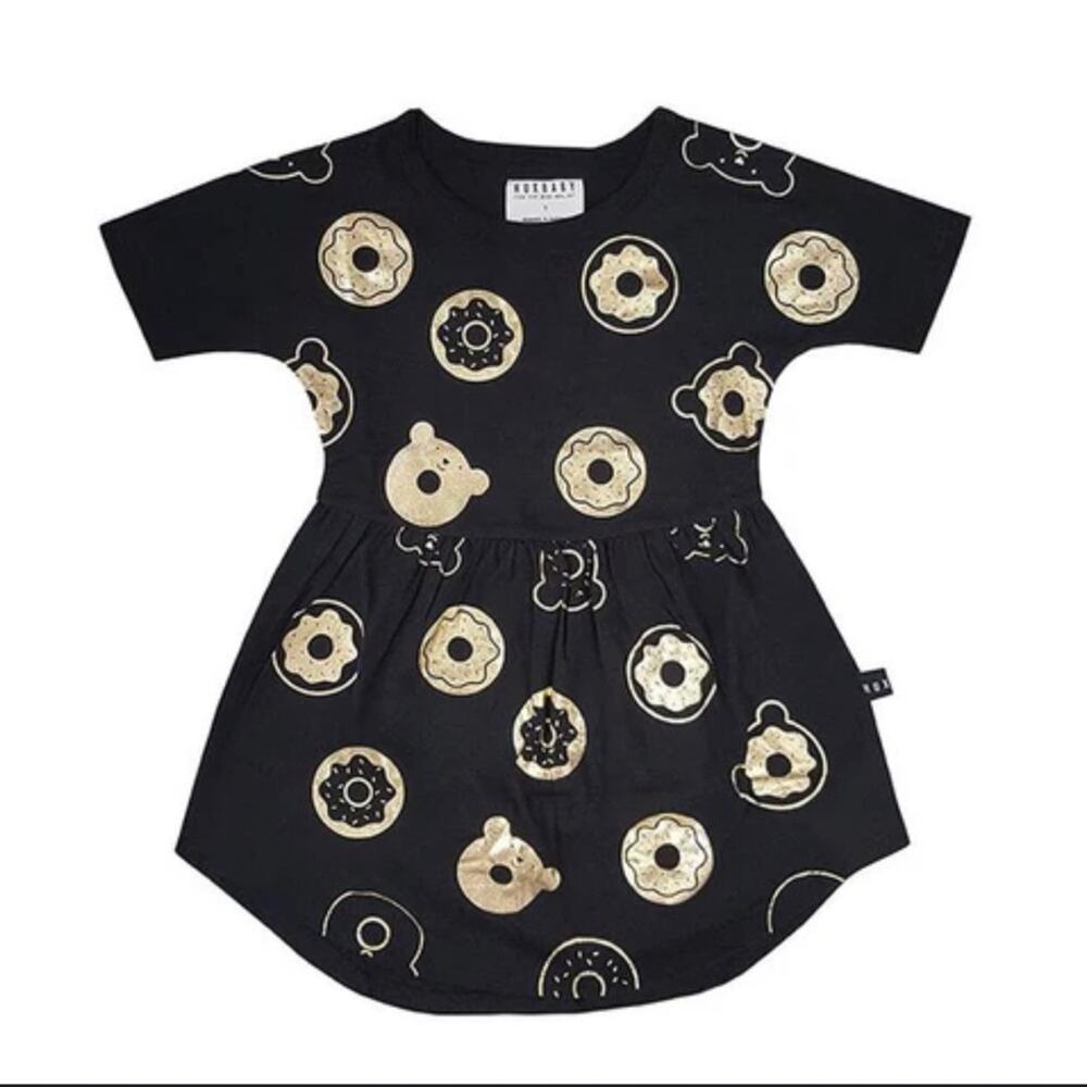 Huxbaby Lucky Lox Black and Gold Casual Cotton Knit Doughnut Dress Girl’s Size 4 - Picture 1 of 9